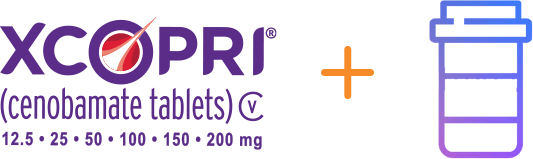 XCOPRI (cenobamate tablets) CV Logo + XCOPRI Pill Bottle Icon